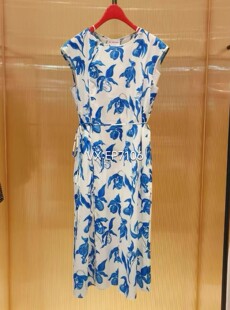 蓝色水墨杓兰优雅印花醋酸收腰连衣裙 2999 EGKEC4108A