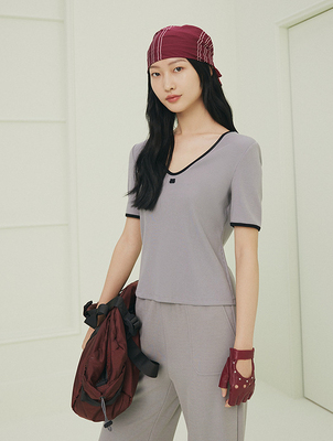 大雅家夏款时尚圆领坑条肌理双色撞色修身T恤衫 HFKPC5301A-1199