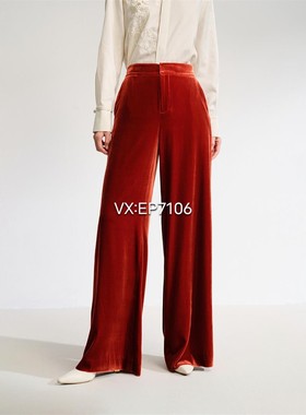 春夏款松紧腰橙色软糯保暖直筒丝绒阔腿裤子 EGKPS6443A-2699
