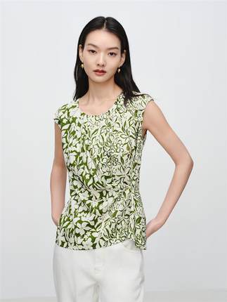 春夏款绿色弹力真丝印花褶皱圆领无袖收腰衬衫 EGKPS2333A-1999