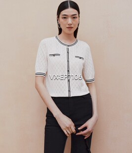 大雅家秋冬款白色经典圆领黑白撞色毛衣开衫外套 HFJAS9121A-2399