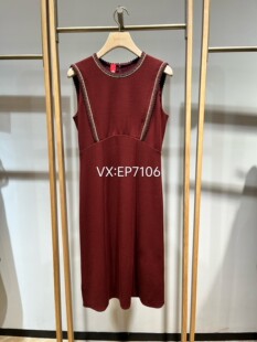 7999 EPKPW4105A 高级系列酒红色双层羊毛羊绒圆领无袖 收腰连衣裙