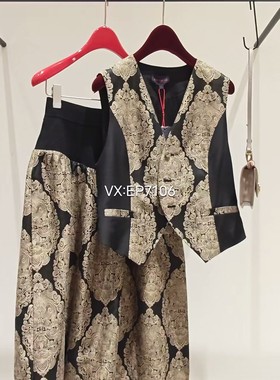 春夏款黑色收腰V领拼接提花国风马甲外套 EGKPS1045A-3299