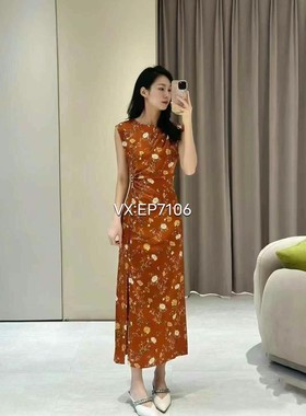 秋款橙色牡丹纹改良旗袍 重磅真丝连衣裙 EGJAS4635A-3999