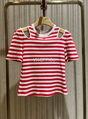 春夏款红色露肩设计感条纹修身针织短袖T恤 EGIEC5350A-899