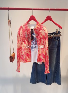 春夏款红色桑蚕丝印花时尚翻领短款夹克外套 EGKES1215A-2999