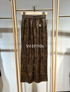 1999 EGKEH6467A 咖色亚麻混纺提花垂感松紧腰直筒阔腿裤 子