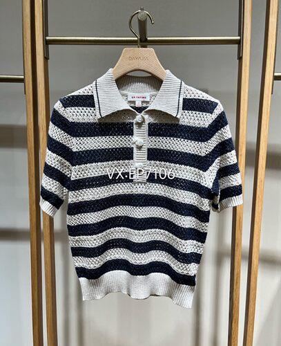 春夏款藏青色时尚翻领长绒棉短袖条纹POLI针织衫 EGKEC9515A-2199