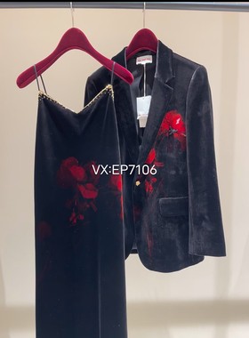 春夏款黑色桑蚕丝丝绒印花收腰西装外套 EGKPS1125A-4999