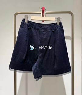 春夏款藏青色通勤高腰拼接欧根纱宽松亚麻A版短裤 HFLEH6299A