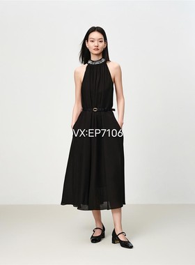 春夏款黑色丝毛刺绣小黑裙泡泡绉无袖挂脖连衣裙 EGKPS4123A-4299