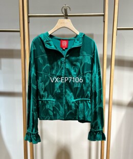 高级系列绿色真丝提花连帽抽绳收腰休闲外套 5999 EPKES1312B