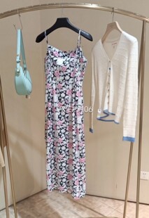 3299 EGJES4210A 春夏款 黑色桑蚕丝提花收腰吊带连衣裙