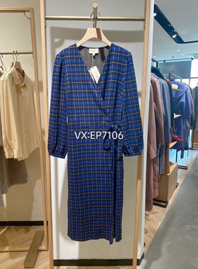 秋冬款蓝色优雅复古一代式格纹设计感连衣裙 EGFAW4511F-3299
