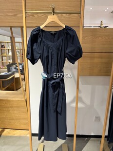春夏款藏青色显瘦方领泡泡袖本布腰带短袖连衣裙 HFLEC4650A-2999