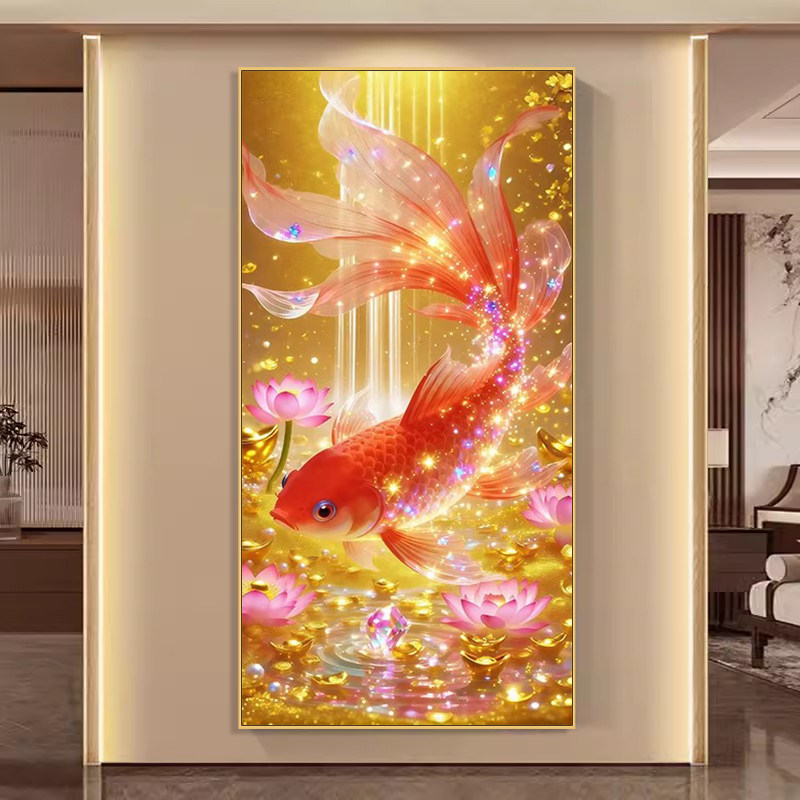 锦鲤荷花招财旺家钻石画满钻新款手工粘贴钻十字绣钻石绣玄关轻奢