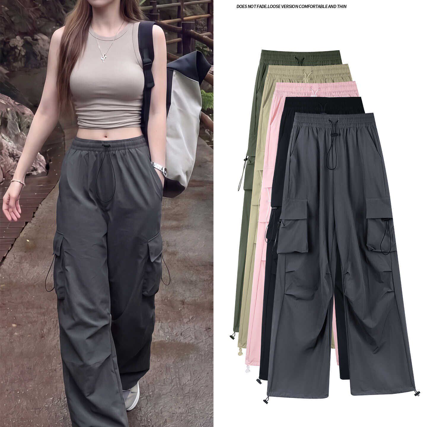 灰色速干工装裤女2026新款夏季薄款大码户外登山冰丝阔腿运动裤子