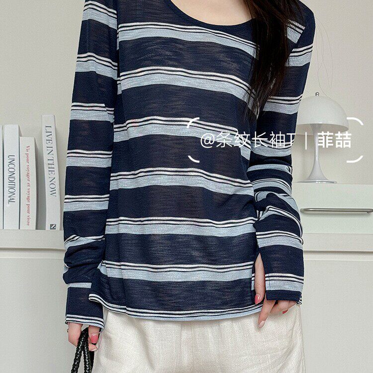 蓝色条纹长袖t恤女夏季新款内搭宽松打底圆领慵懒风韩系正肩上衣