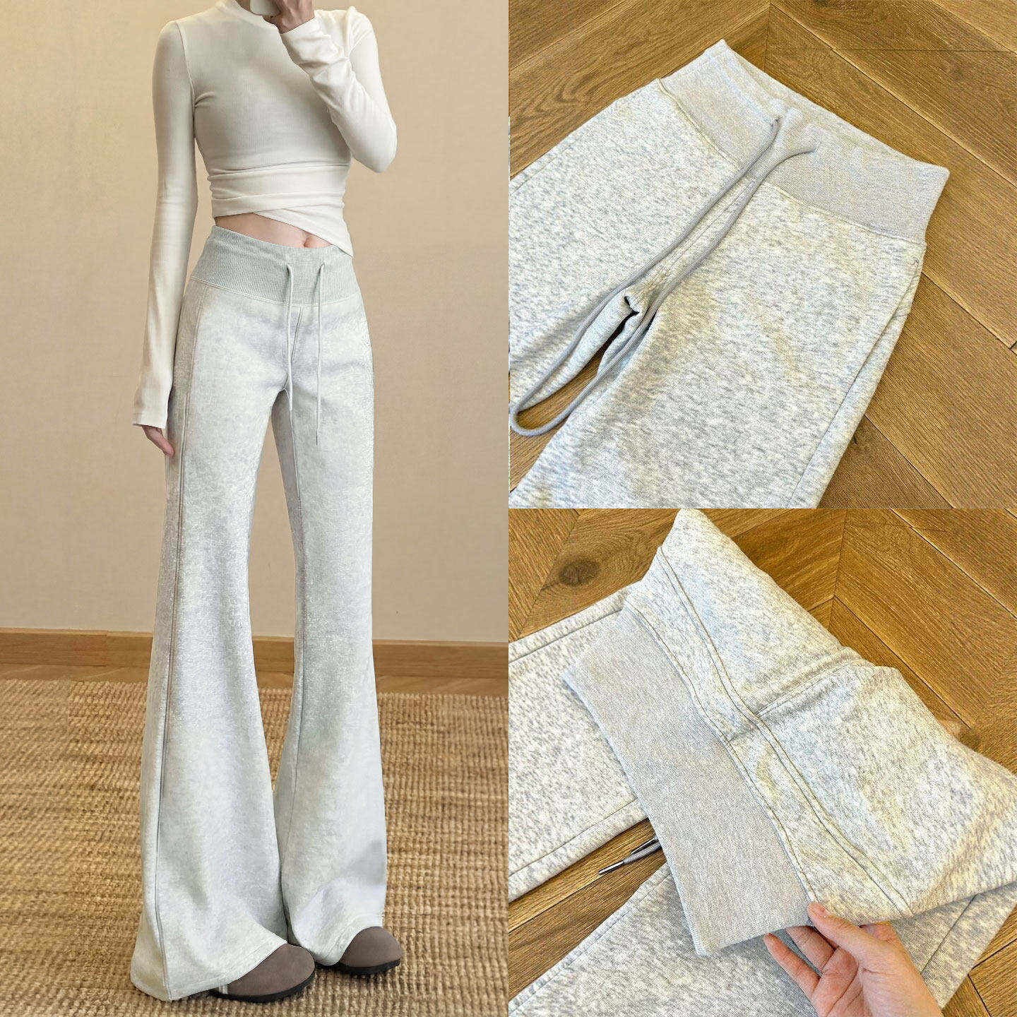 灰色微喇休闲裤女2026春季新款大码胖mm裤子高腰垂感显瘦喇叭卫裤