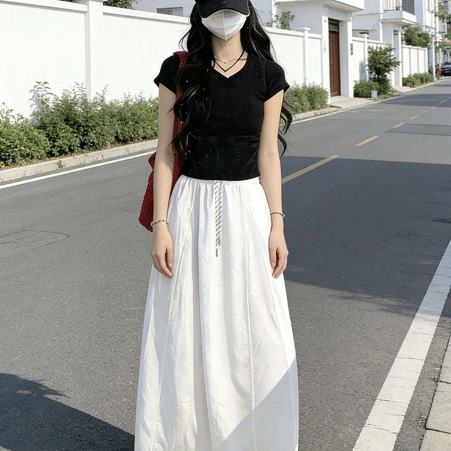 白色显瘦半身裙女夏季2026新款高腰小个子a字垂感伞裙大码中长裙