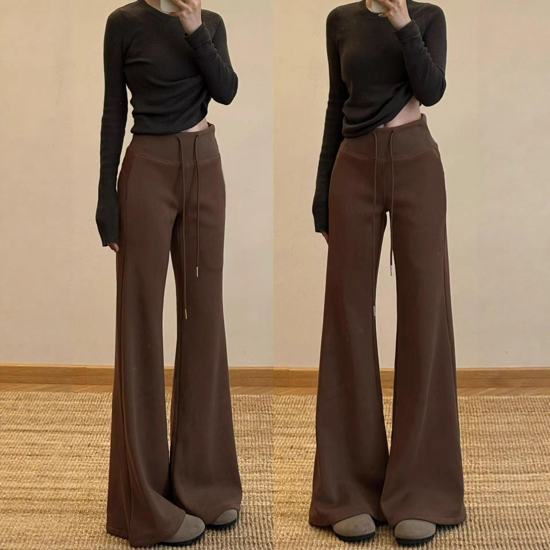 咖色微喇运动裤女春秋季2026新款高腰显瘦喇叭裤小个子休闲卫裤子