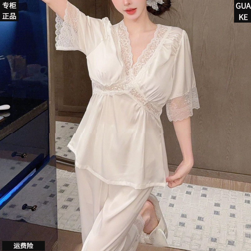 冰丝薄款蕾丝女士短袖睡衣套装