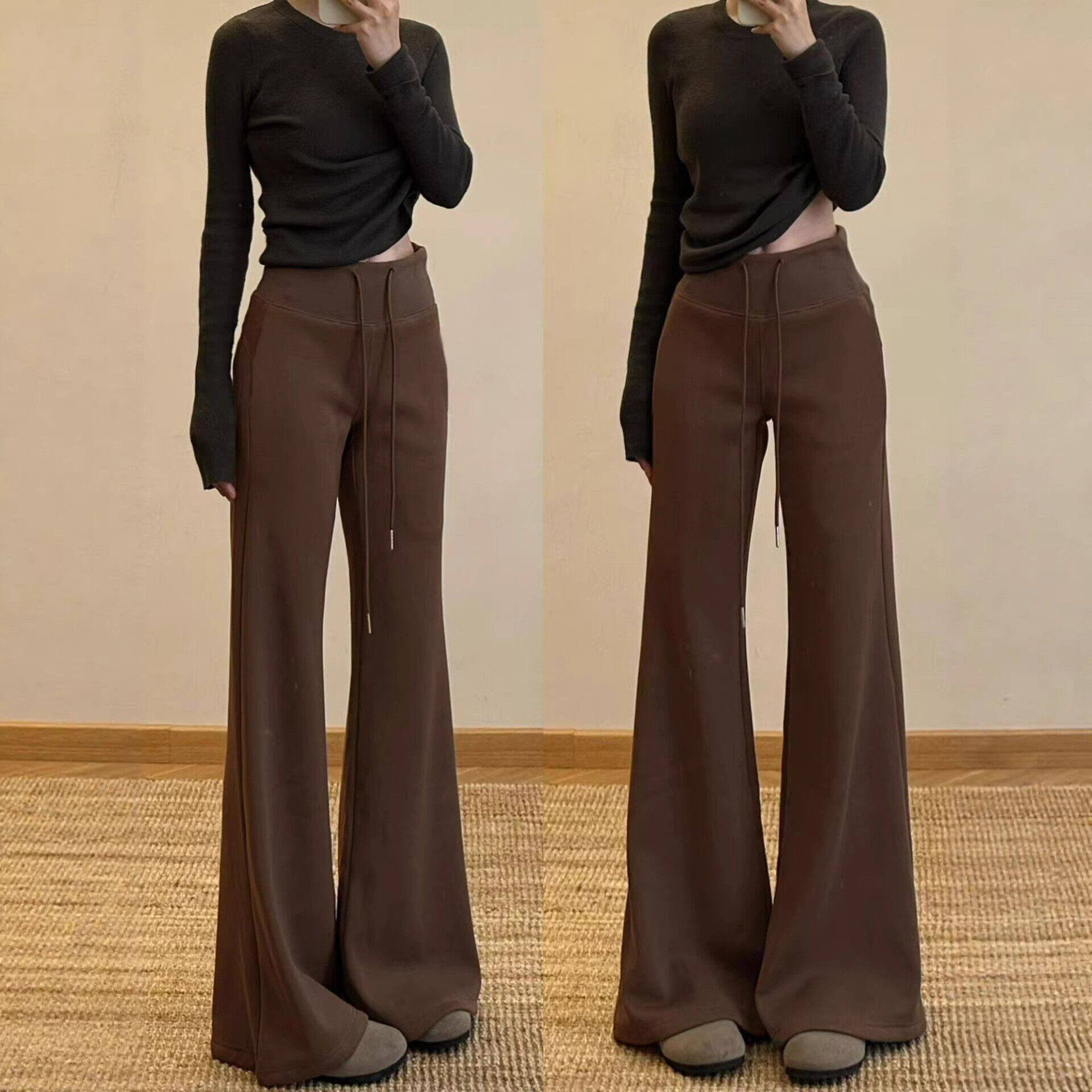 咖色微喇运动裤女春秋季2026新款高腰显瘦喇叭裤小个子休闲卫裤子