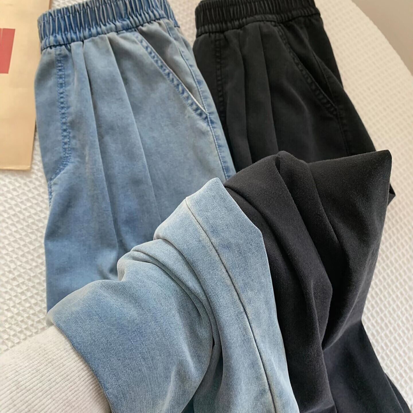 蓝色天丝牛仔裤女2026新款夏季薄款窄版直筒小个子黑色冰丝阔腿裤
