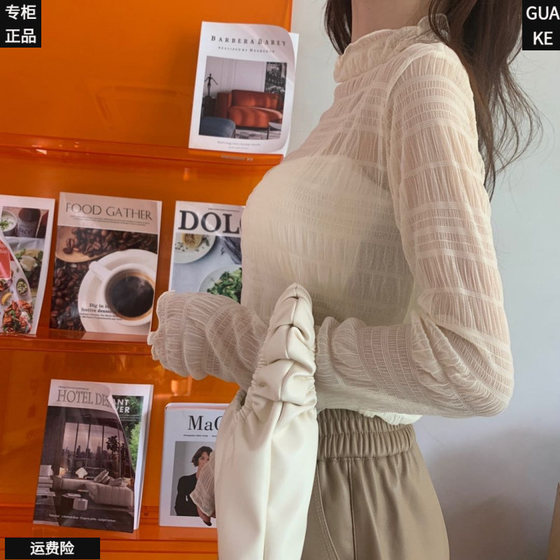 春秋蕾丝高领褶皱打底衫