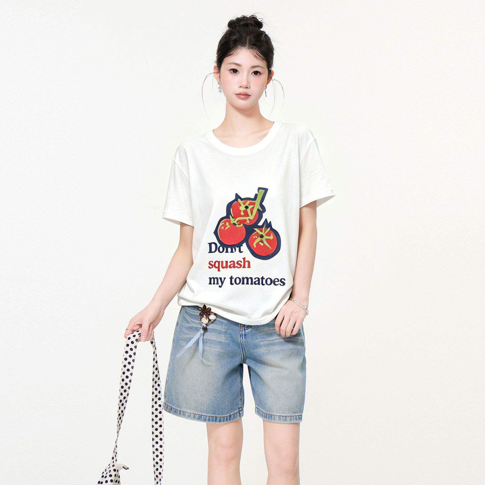 白色正肩圆领短袖t恤女2026夏季新款独特超好看番茄印花宽松上衣