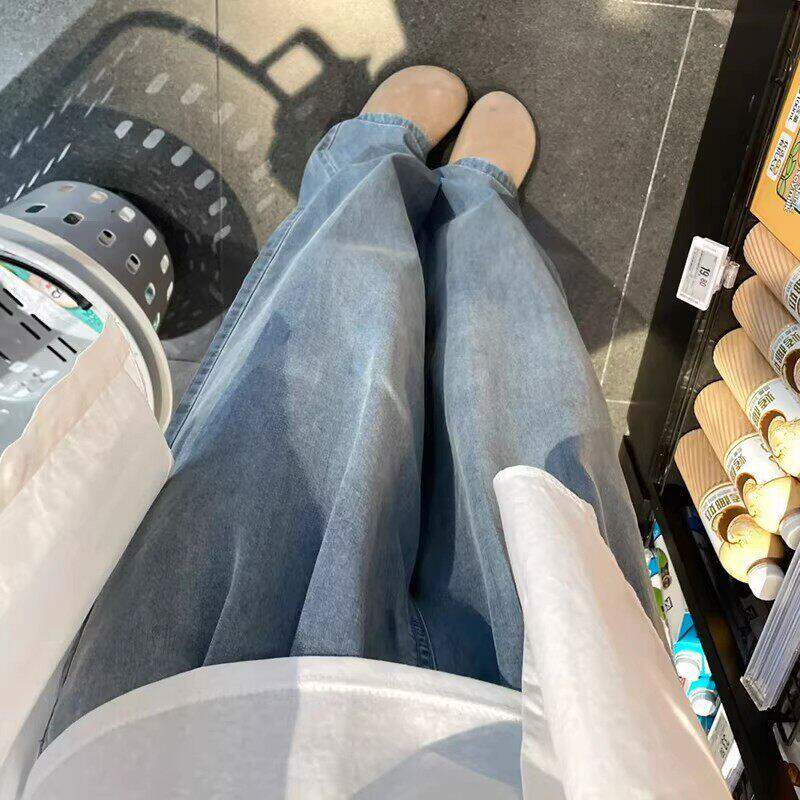 蓝色直筒牛仔裤女2026新款春夏宽松胖mm大码小个子窄版显瘦阔腿裤