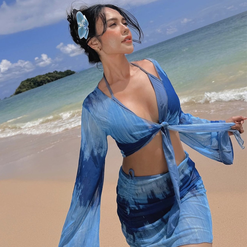 泰国性感纯欲风女神罩衫扎染防晒比基尼四件套女分体泳衣2025新款