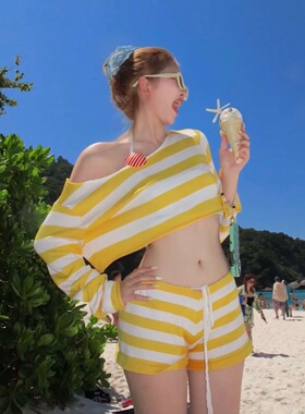 纯欲少女黄色条纹分体露脐比基尼平角裤针织衫罩衫度假风温泉泳衣