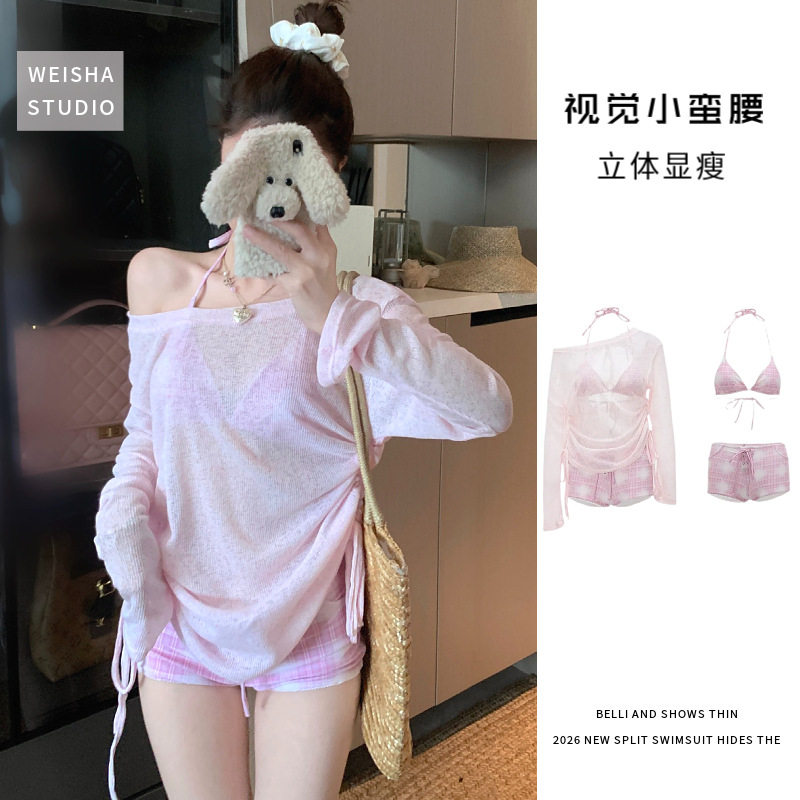 韩版少女连体泳衣女保守修身显瘦花边罩衫防晒遮肉学生粉色吊带女