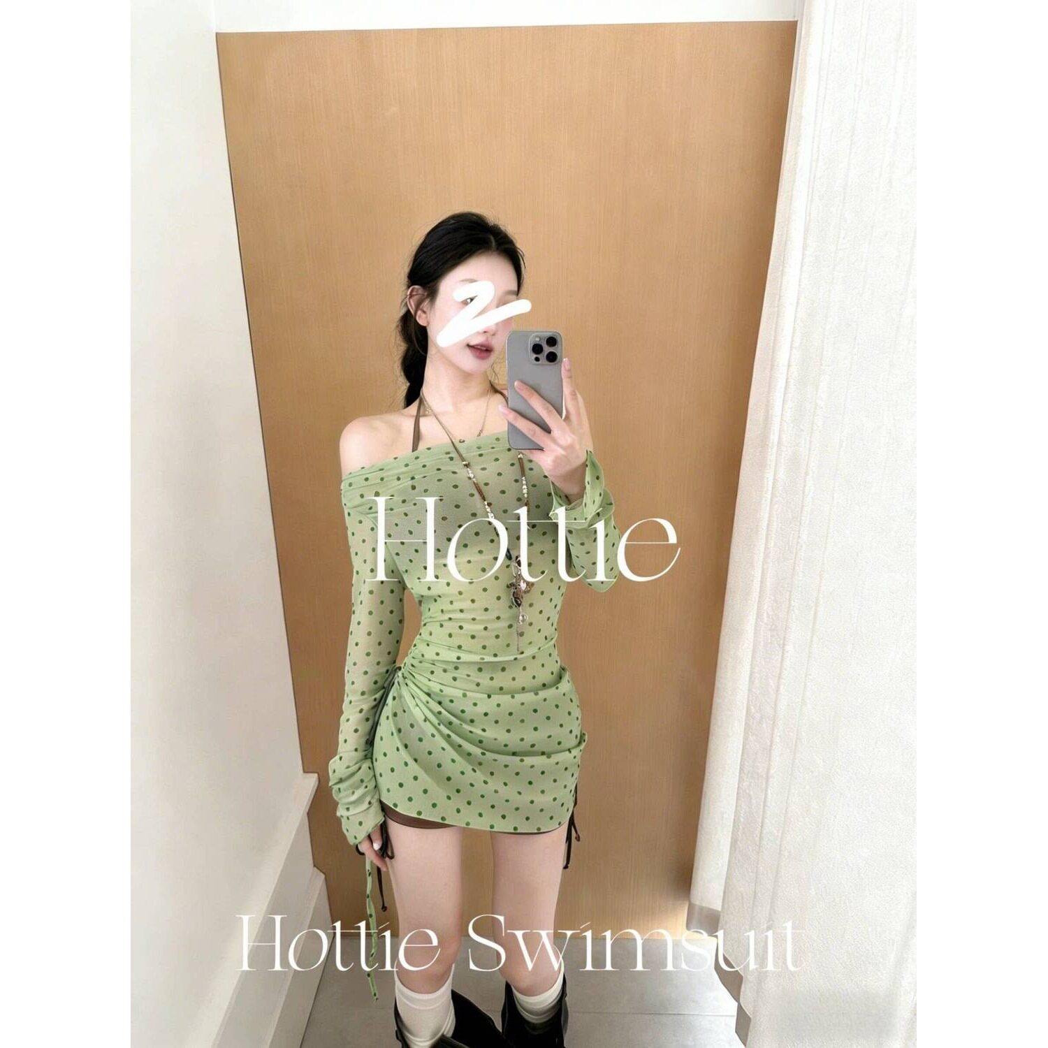 绿波纯欲少女绿色波点网衫罩衫钢托bikini三件套海边温泉度假泳衣
