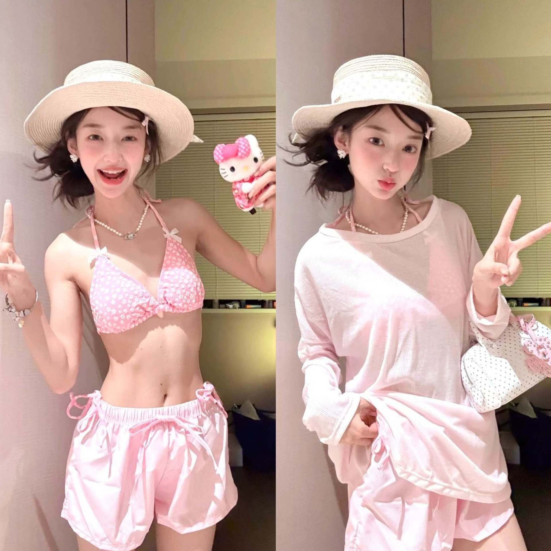 小清新碎花泰国粉色比基尼蝴蝶结罩衫短裤保守少女遮肉分体泳衣女