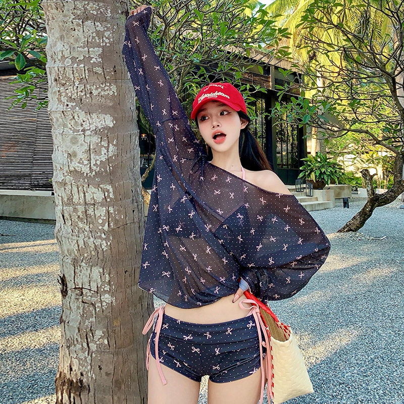新款韩国ins风纯欲分体四件套罩衫防晒度假随性高级感分体泳衣女