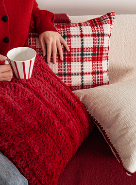 红色格纹喜庆抱枕套简约手工毛线编织家居沙发靠垫居家装饰软装