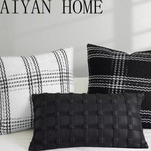 法式轻奢高级黑白中古靠枕沙发客厅卧室车用枕套简约靠垫