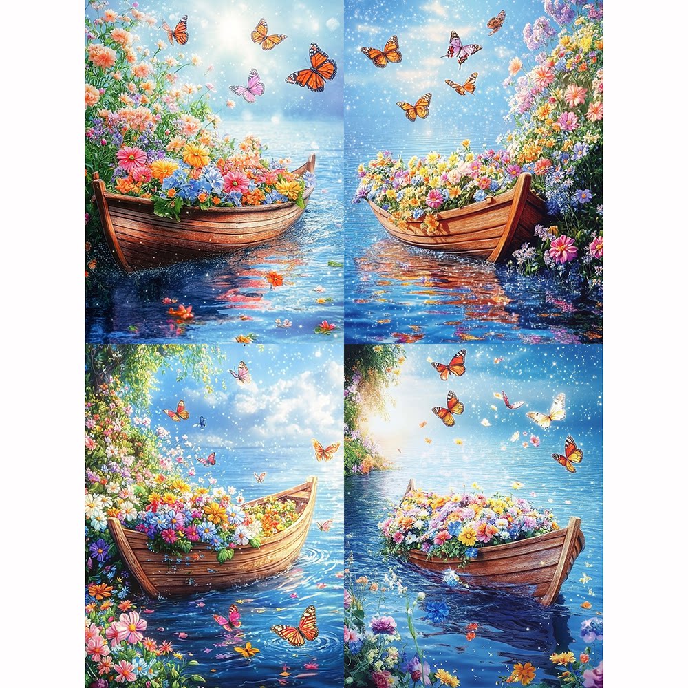 带框钻石画蓝海木船鲜花钻石绣diy卡通马赛克粘贴画学生手工作业