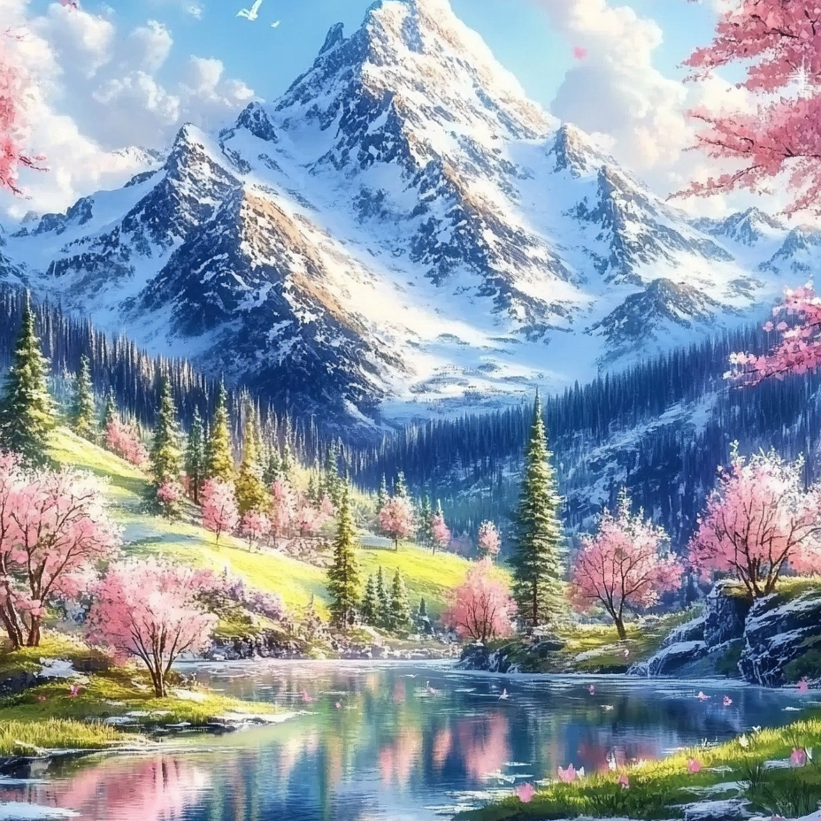 带框钻石画雪山湖泊风景diy钻石绣卡通马赛克拼图粘贴画相框画