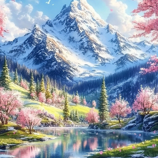 带框钻石画雪山湖泊风景diy钻石绣卡通马赛克拼图粘贴画相框画