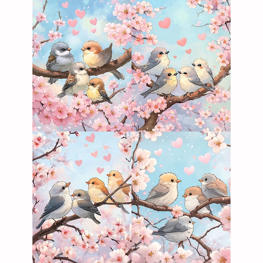 钻石画樱花小鸟聚会钻石绣diy卡通马赛克拼图粘贴画学生手工作业
