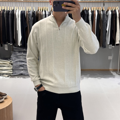 绵羊毛混纺半拉链立领针织衫男