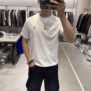 轻奢小刺绣圆领短袖 半袖 T恤男韩版 丝光棉薄款 上衣潮t 修身 2026夏季