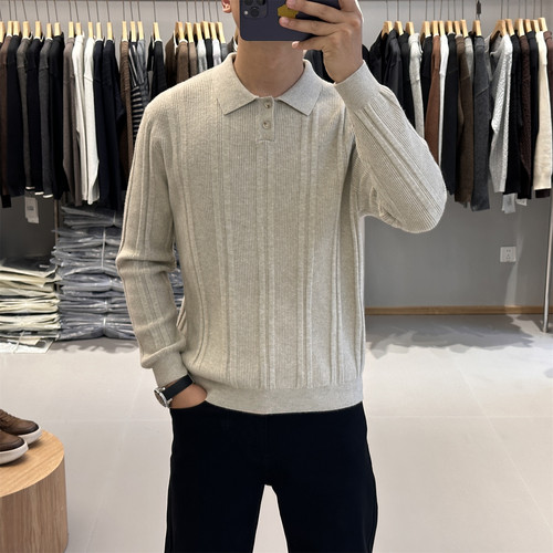 简约肌理提花翻领针织衫男