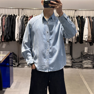 新款 复古做旧水洗工装 莱赛尔牛仔长袖 男美式 衬衣外套 衬衫 2026春季