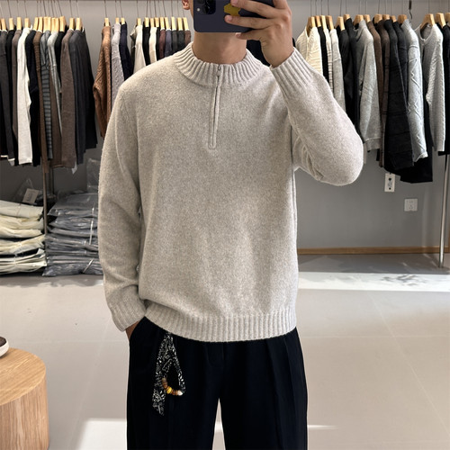 纯色半拉链立领套头毛衣男