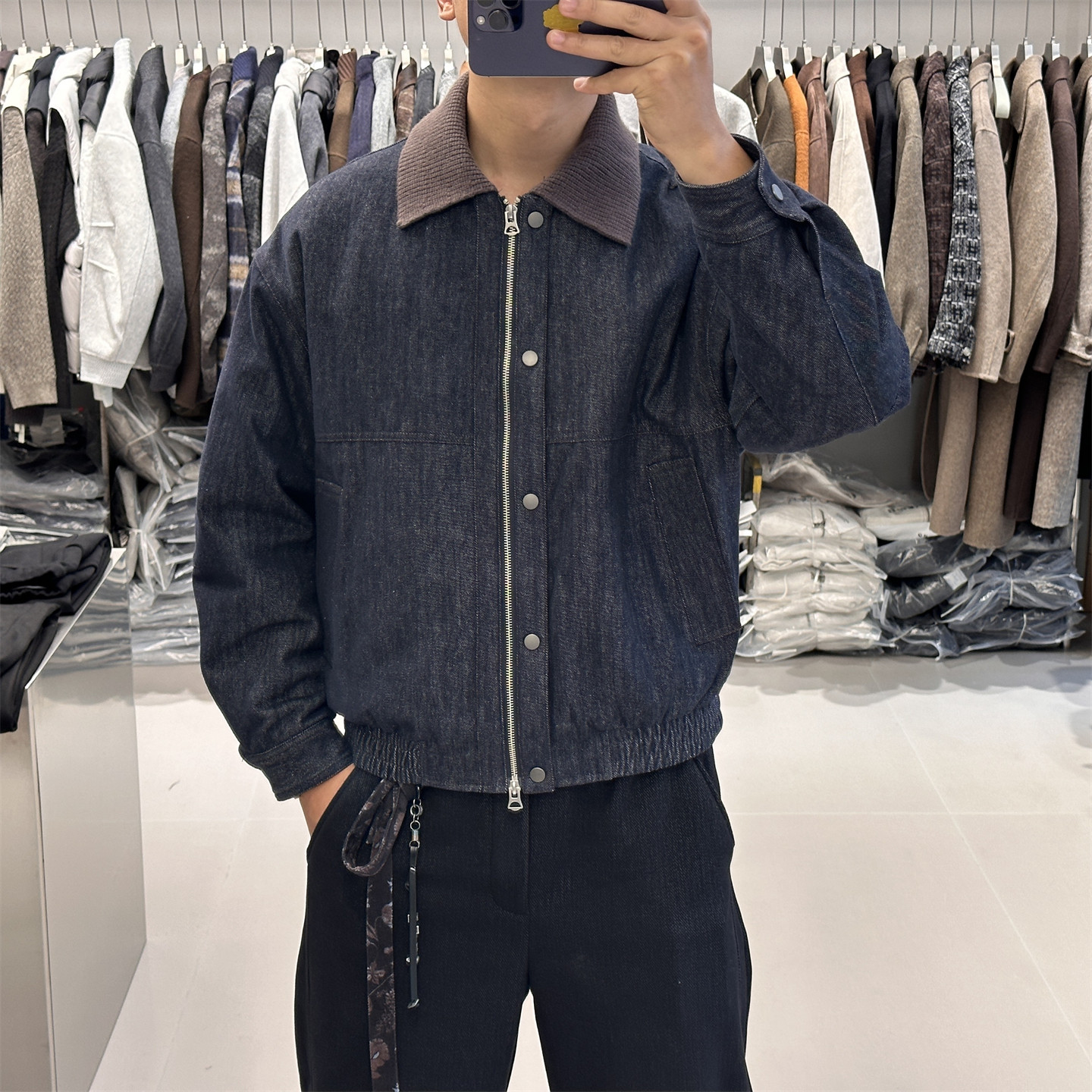 毛织领撞色拼接巴恩风牛仔羽绒服