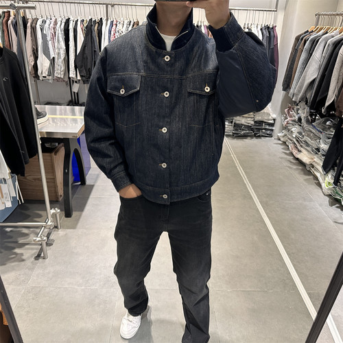 冬季假两件拼接设计牛仔羽绒服男